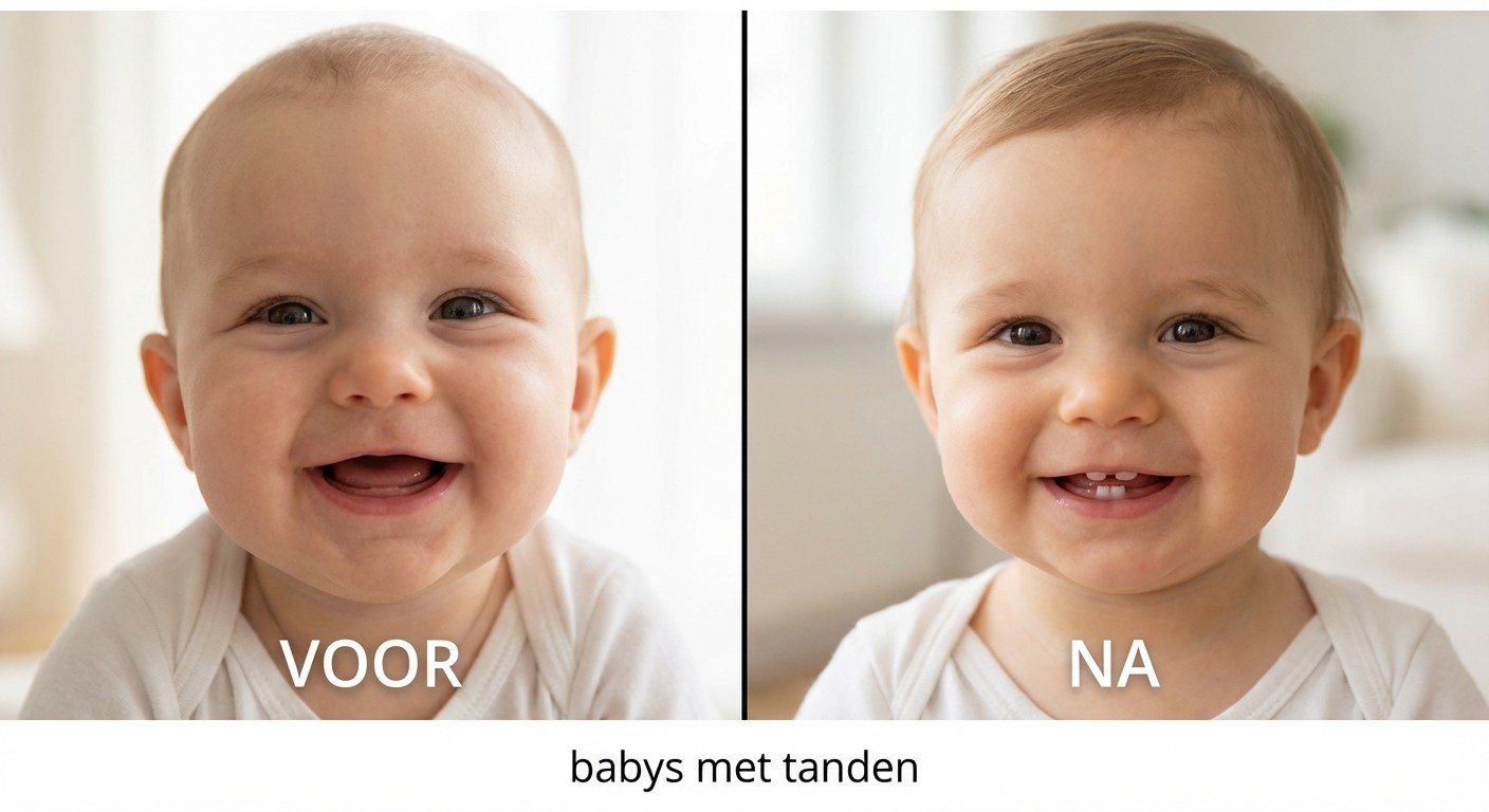 Op de foto zijn twee bijna identieke babyportretten te zien: links een vrolijk lachend kindje zonder zichtbare tandjes en rechts dezelfde baby met twee tere melktanden die net door het tandvlees zijn gebroken. Dit contrast benadrukt de eerste fase van het doorbreken van tanden bij babys met tanden, een cruciaal moment in de mondzorg en pedodontologie. De zachte glimlach onderstreept het belang van vroege tandheelkundige begeleiding en regelmatige gebitsverzorging in de tandartspraktijk. Zo toont deze voor-na weergave hoe essentiële preventie en esthetische tandheelkunde bijdragen aan een gezonde mondontwikkeling bij jonge kinderen.