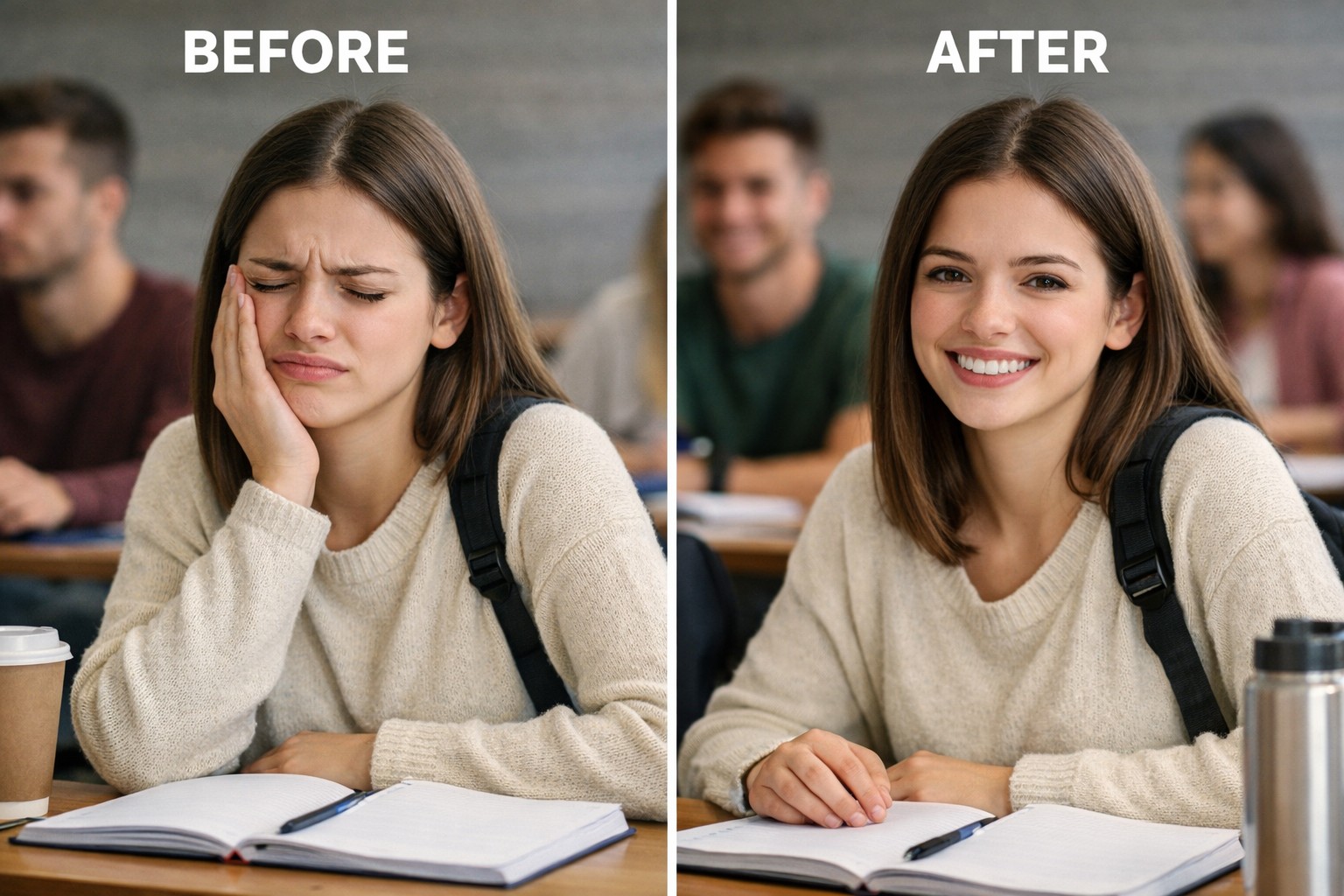 Op de foto zie je in de linkerhelft een studente die haar wang vasthoudt van de tandpijn en moeite heeft met schrijven, terwijl ze duidelijk afgeleid is. In de rechterhelft verschijnt dezelfde jongedame stralend en pijnvrij na een bezoek aan de tandartspraktijk. Dit contrast illustreert hoe professionele mondzorg en grondige gebitsverzorging tandheelkundige klachten effectief wegnemen. Een pijnvrije lach benadrukt niet alleen je welzijn, maar toont ook hoe moderne, esthetische tandheelkunde snel en efficiënt resultaat biedt.