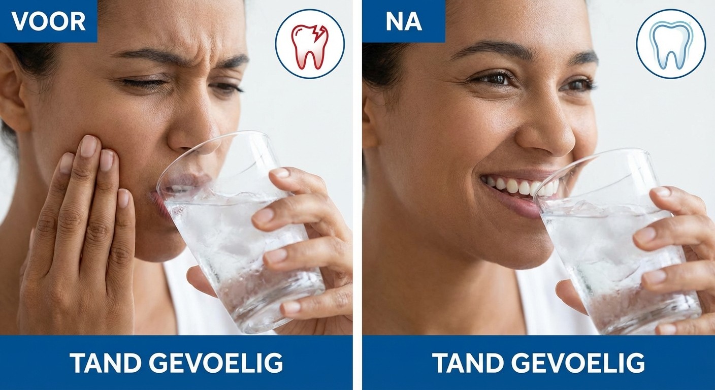 Op de foto zie je een vrouw die in het ‘voor’-beeld haar wang vasthoudt terwijl ze wanhopig een glas ijskoud water naar haar gevoelige tanden brengt, en in het ‘na’-beeld geniet ze daarentegen pijnloos van datzelfde glas en straalt ze met een gezonde lach. Dit krachtige contrast toont hoe professionele tandheelkunde en gerichte mondzorg in de tandartspraktijk dentine hypersensitiviteit aanpakken. Met moderne esthetische tandheelkunde, glazuurherstel en deskundige gebitsverzorging behoort ‘tand gevoelig’ zijn tot het verleden en ervaar je weer optimaal comfort.